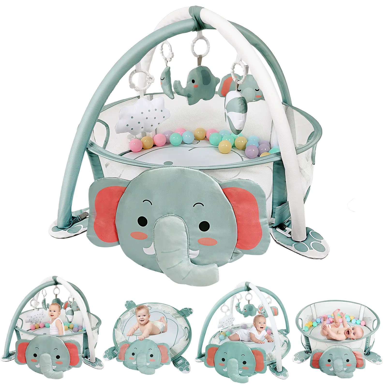 dearlomum Elephant Baby Play Mat, 4-in-1 Activity Gym & Tummy Time Floor Center with Ball Pit, 30 Balls & 5 Sensory Toys for Newborns & Toddlers, Play Mat For Babies, Floor Activity Center, Sensory Playset, Baby Items