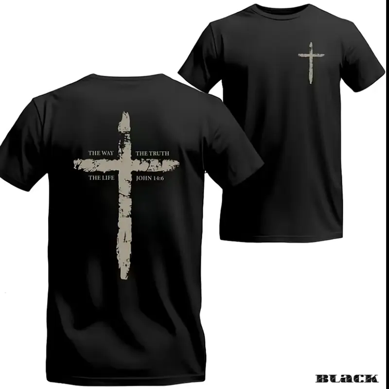 Unisex 100% Cotton Shortsleeve Sports Top - Relaxed Fit, Breathable Soft Fabric, John 14:6 Bible Verse, The Way The Truth The Life, Minimalist Cross Graphic Front & Back Print Christian Tee, Tops