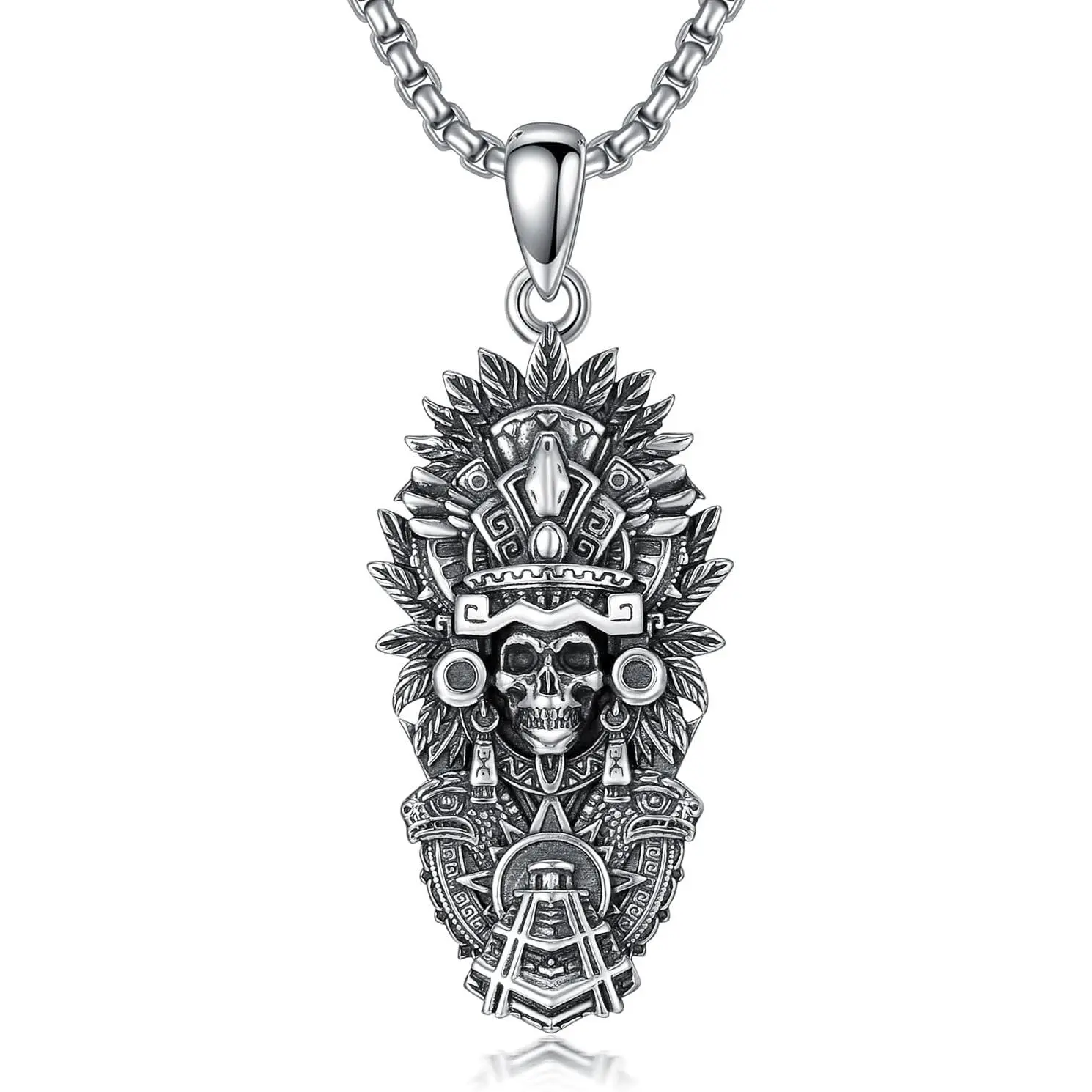 MEIDERBO 925 Sterling Silver Aztec Skull Pendant Necklace - Mictlantecuhtli, Tezcatlipoca, Jaguar Warrior, Mayan Design - Adults' Men's Jewelry, Unisex Mexican Costume Accessory for Birthday, Easter, Anniversary Gift, Spiritual Jewelry, 4.69G, 0.62" Wide,
