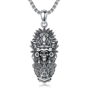 MEIDERBO Aztec Jewelry 925 Sterling Silver Skull Necklace Mictlantecuhtli Tezcatlipoca Mexico Necklace Jaguar Warrior Mayan Mexican Jewelry Aztec Gifts for Men Women Unisex