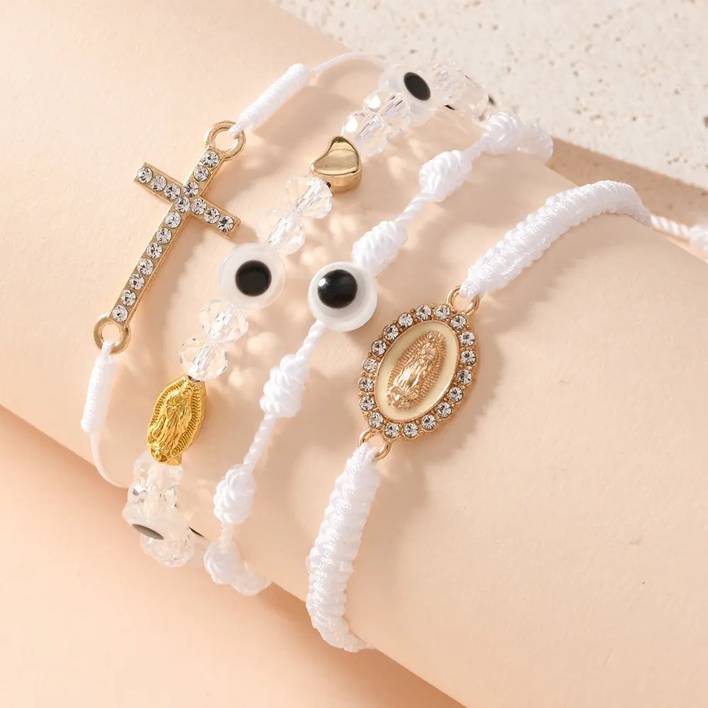 4PCS Black Pink White Stackable Bracelet Set, Colorful Evil Eye, Cross and Mary Charm Rope Jewelry, Adjustable Friendship Gift for Women Men Teens, Birthday and Back to School
