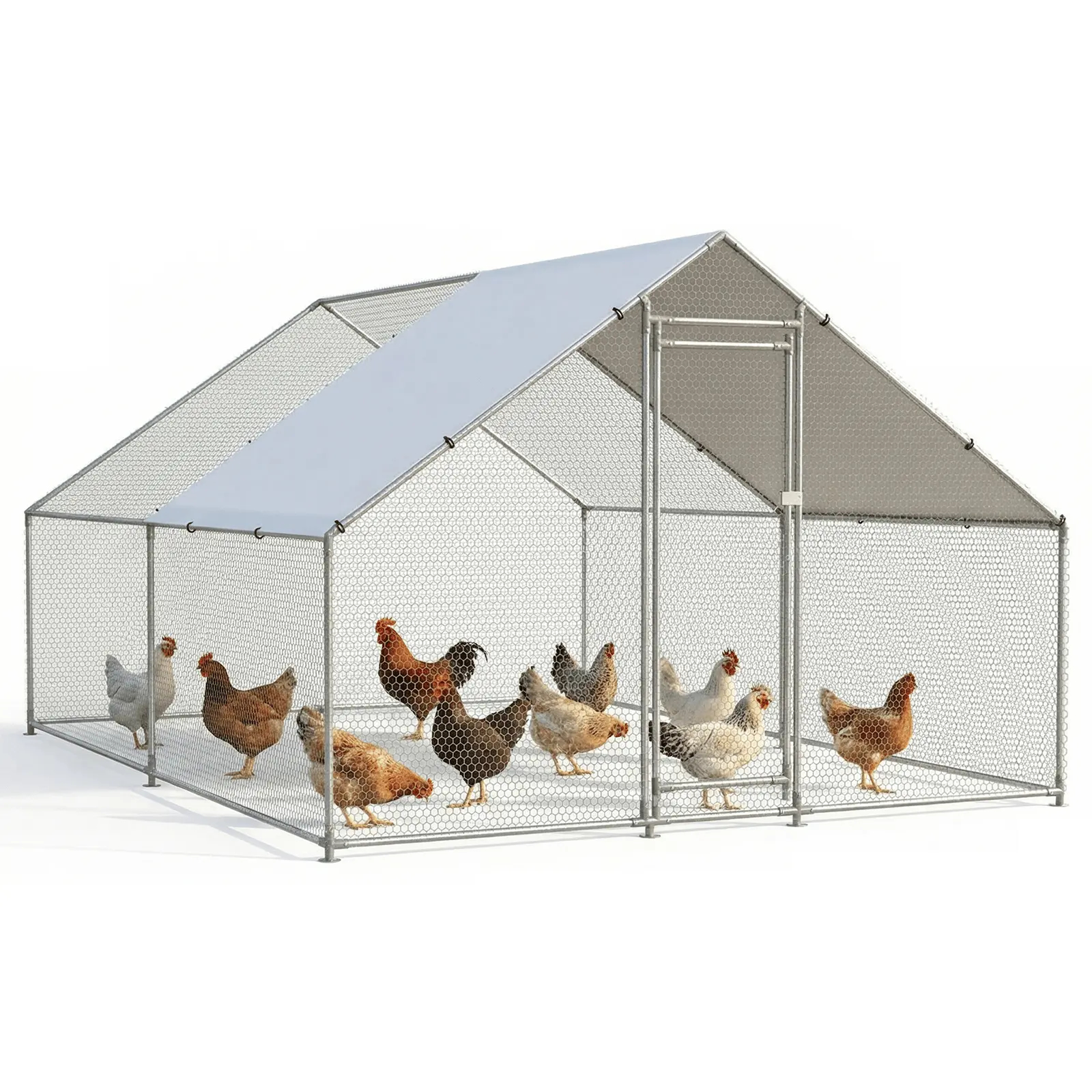 Large Metal Chicken Coop, Walk-in Chicken Run with Cover, Spire Roof Hen House Enclosure with Security Lock, Outdoor Duck Rabbit Cage Poultry Pen for Backyard, Farm, Large Chicken Coop