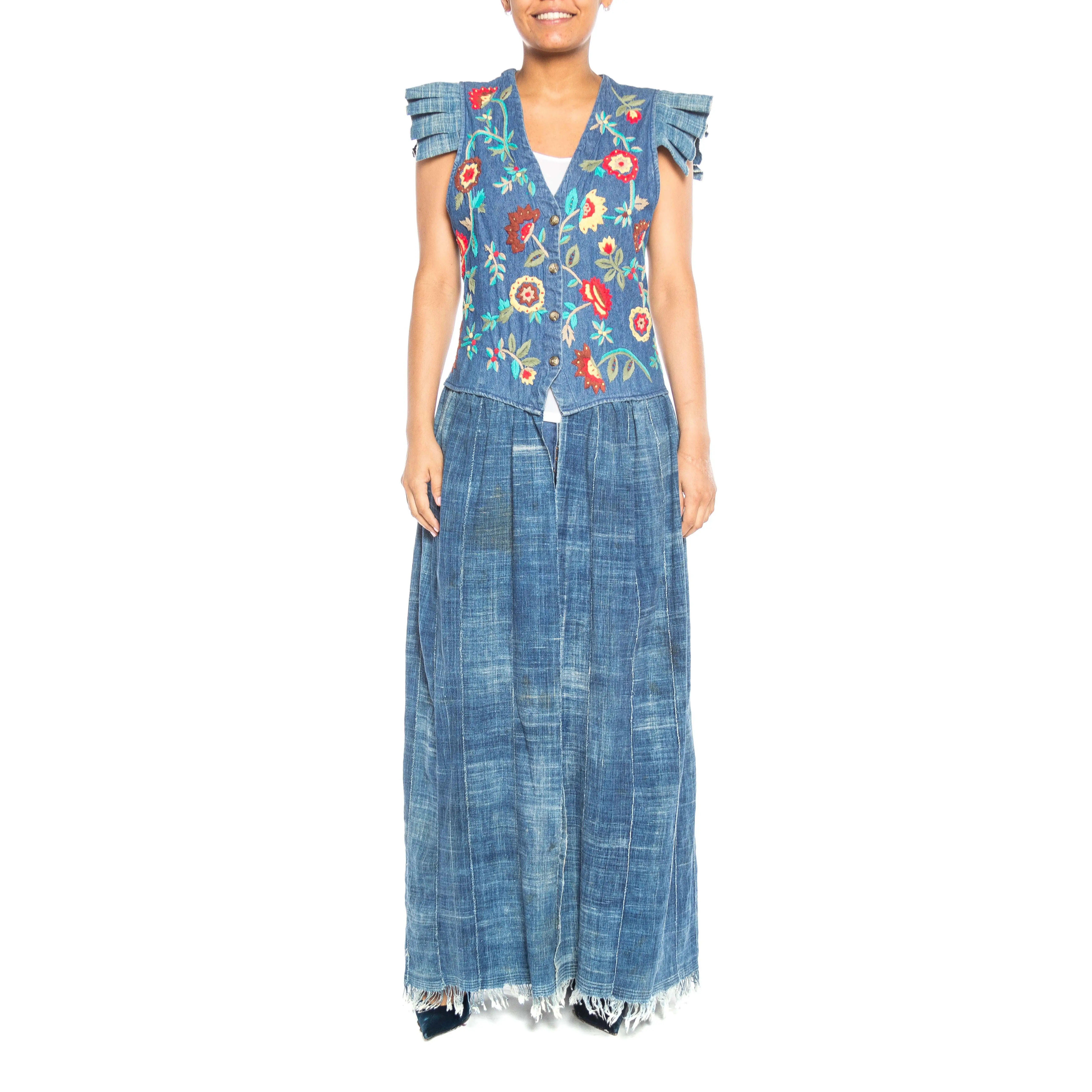 MORPHEW COLLECTION Floral Embroidered Cotton Denim & African Indigo Maxi Duster