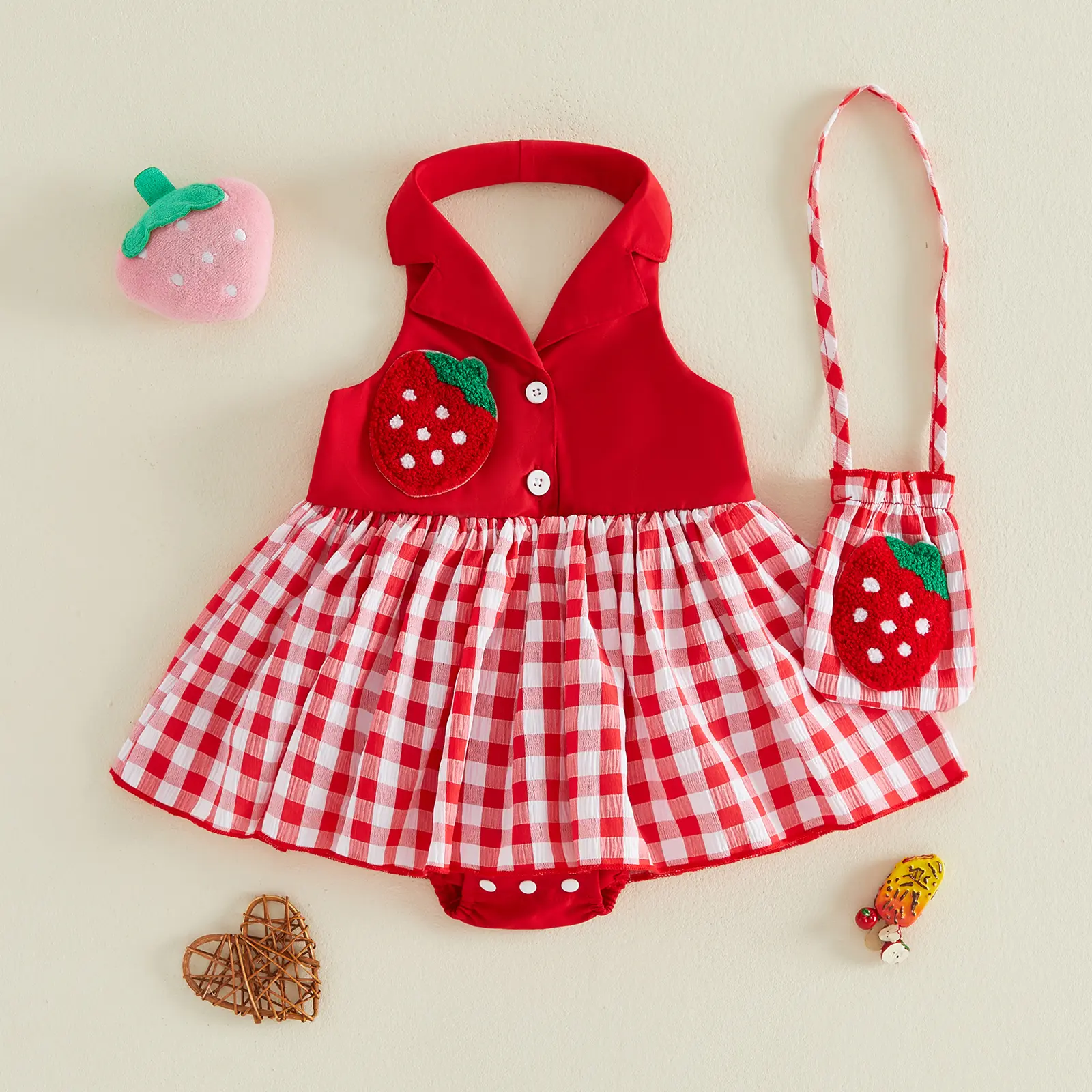 Infant Baby Girl Summer Outfits Strawberry Plaid Lapel Sleeveless Romper Dress Headband and Bag Set 0-18 Months