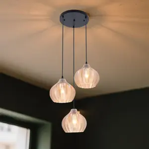 Crystal Trio Sonata Pendant Light - Glass Clarity & Light Rhythm - 3 Pendants - Living Room Dining Room Bedroom - 9.45x8.27 in - Black Ceiling Plate - Adjustable Cord - Modern & Traditional Decor