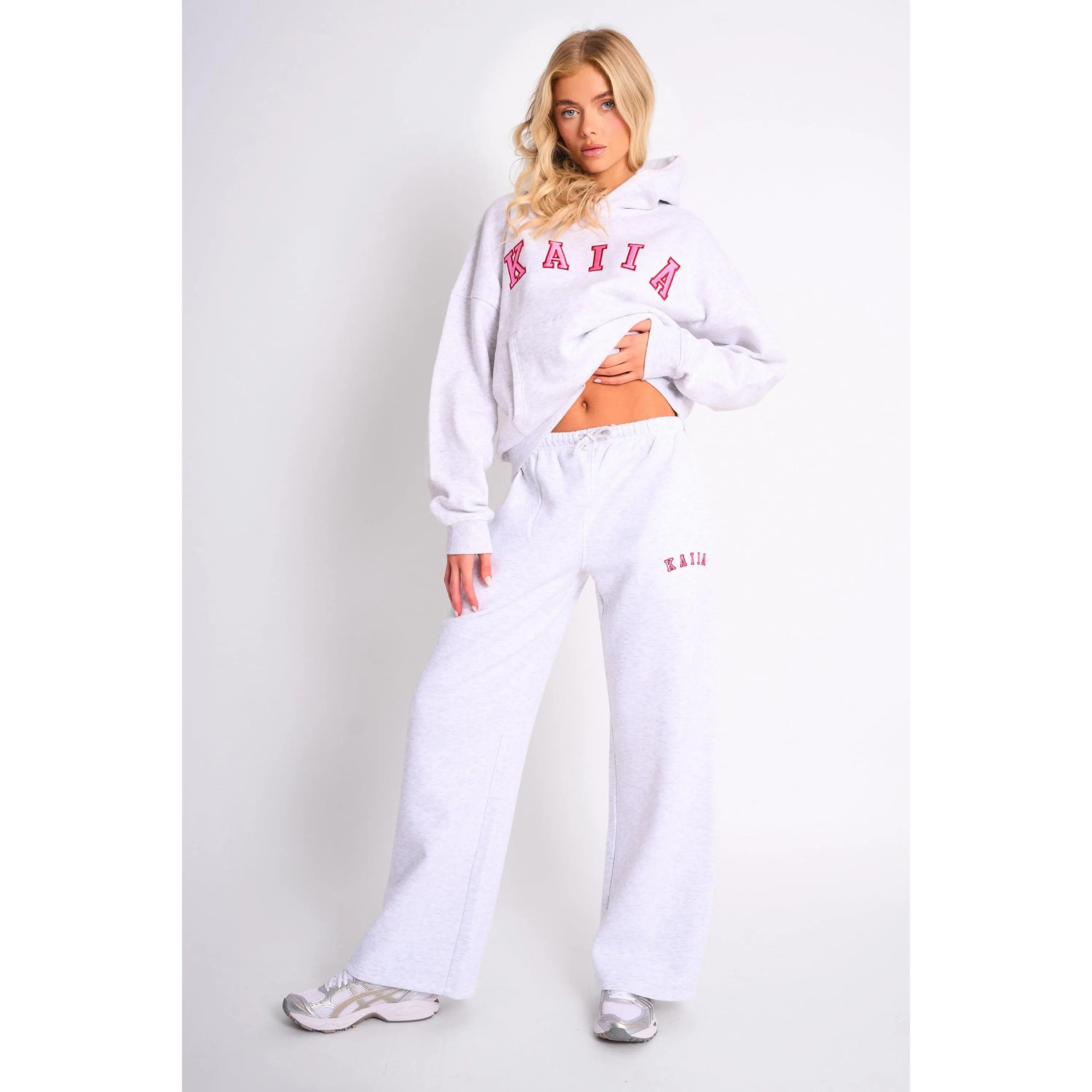 Kaiia Logo Wide Leg Joggers Light Grey Marl & Pink Contrast
