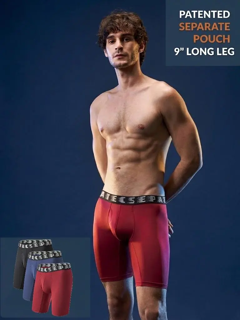 Separatec Men's 9" Long Leg Boxer Briefs 3-Pack, Stretchy Sports Underwear with Separate Ball Pouch, Breathable Anti-Chafing Spandex Fabric, Athletic Fit, Elasticity, Anti-Stinking Athleisure Men's Sports Underwear, Anti-Stinking Men's Sports Underwear