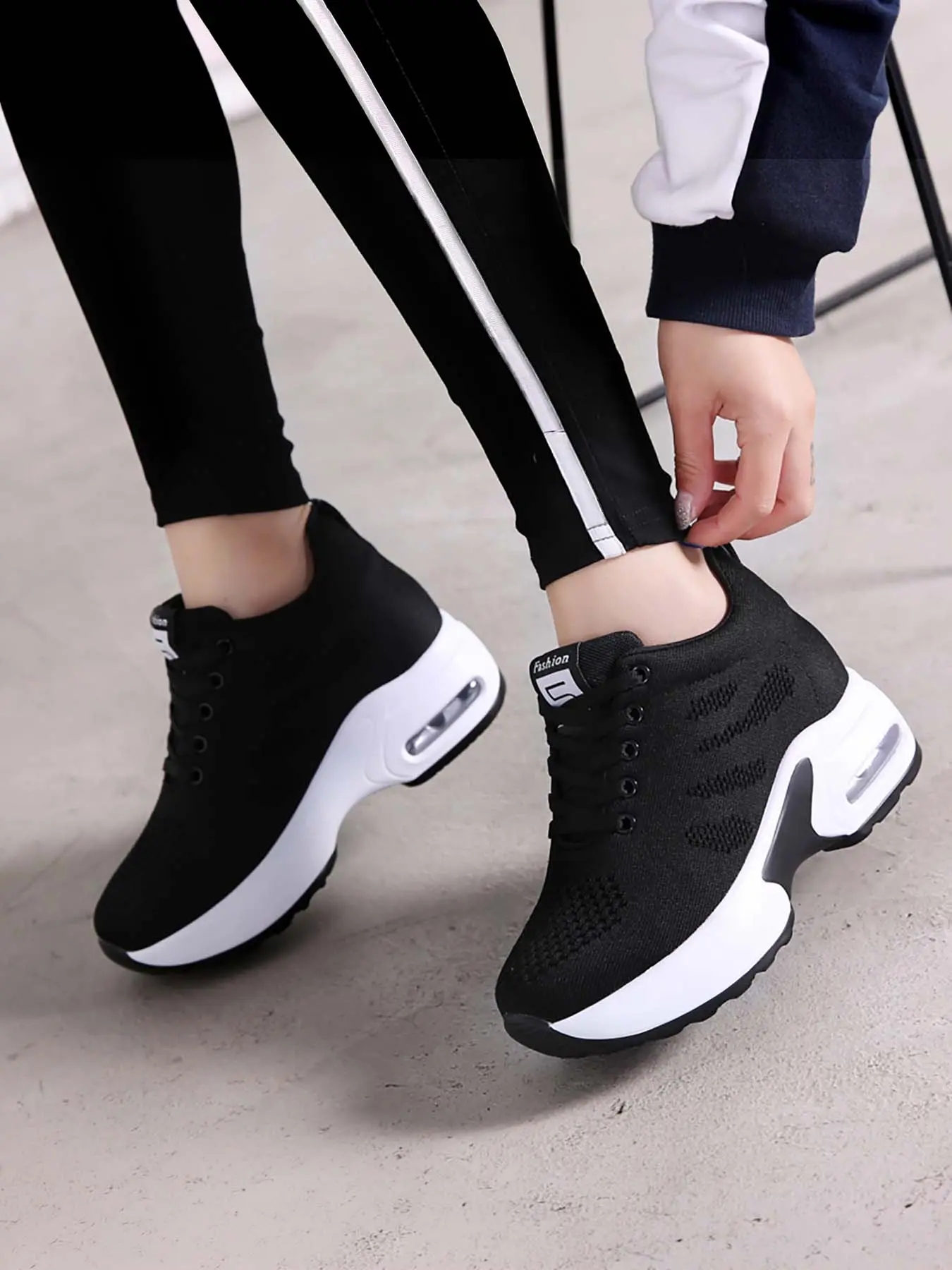 Women's Air Cushion Hidden Wedge Sports Sneakers, Lace Up Sneakers, Breathable knit upper, hidden height-boosting design, gift for birthday and Christmas, Footwear Sneakers