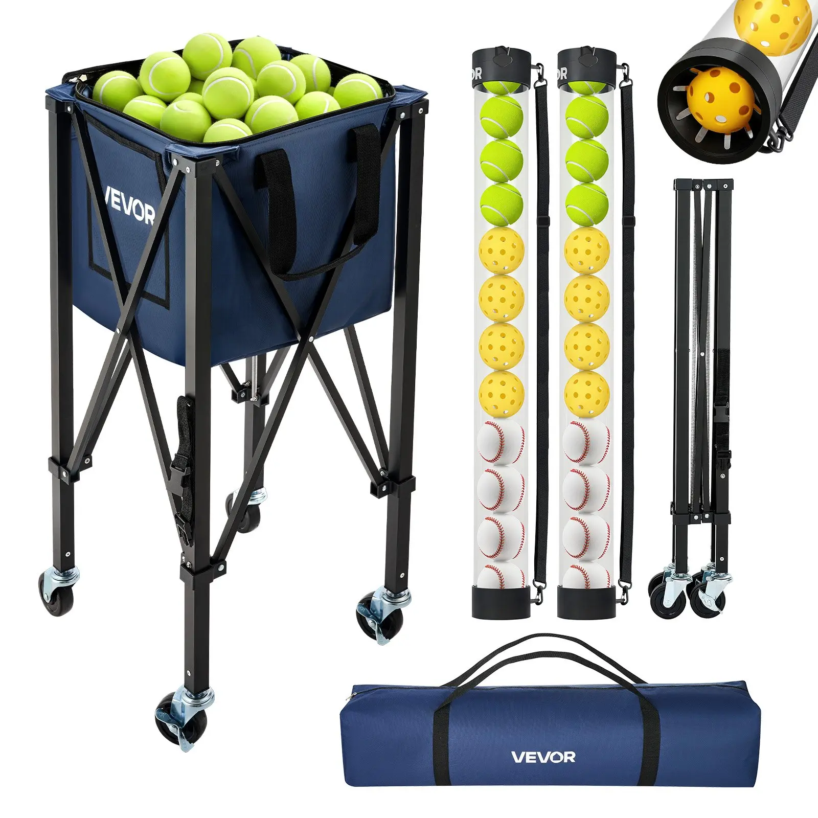 【Summerfinds】VEVOR 2-in-1 Tennis & Pickleball Hopper, with Pickup Tube, Foldable Pickleball Basket Cart with with Wheels, Holds 150 Tennis Balls or 260 Pickleballs, Portable Pickleball Caddy Holder, for Training