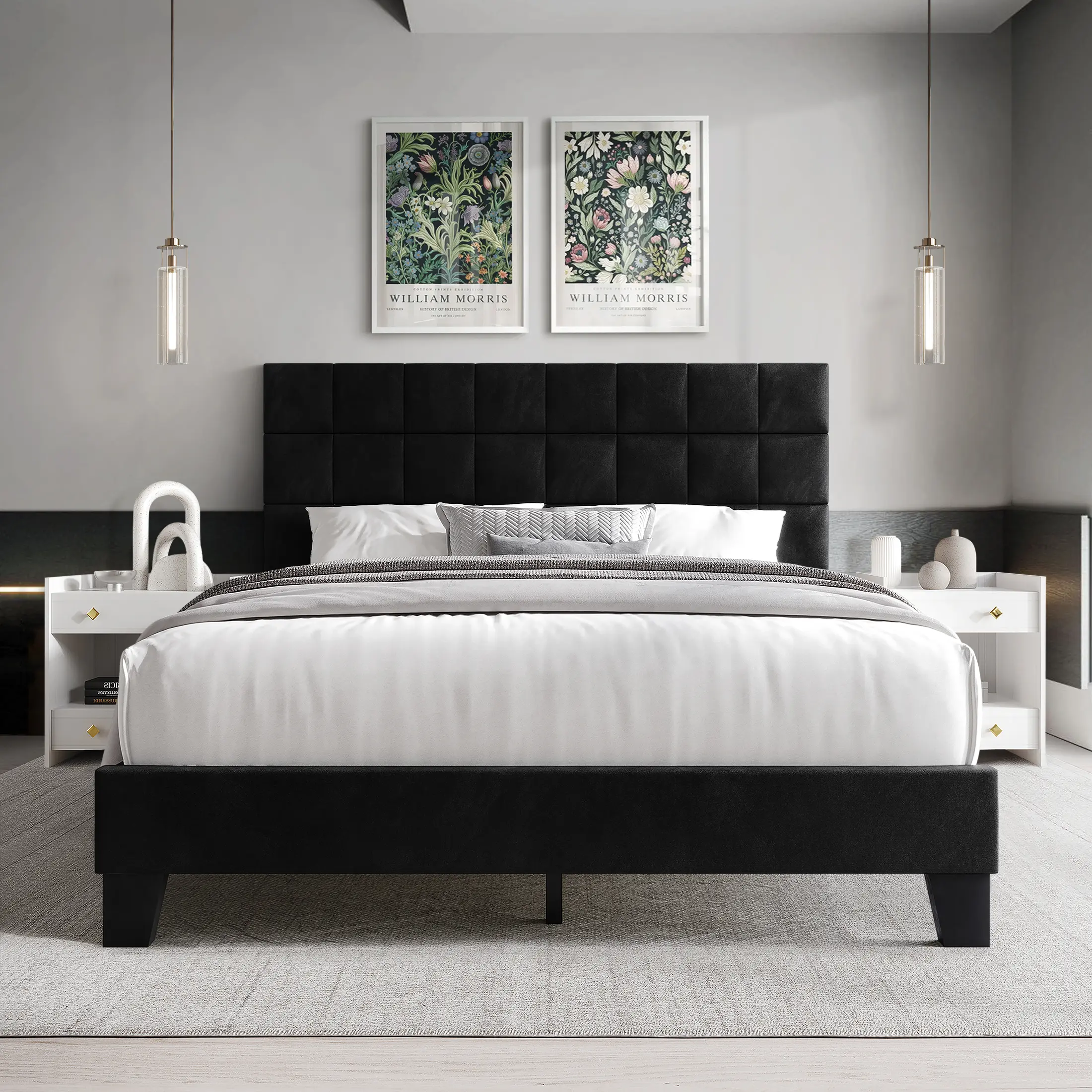 ChaletPosh Tufted Upholstered Velvet Platform Bed Frame - Square Stitch Headboard, Velvet Fabric, Box Spring Free, 100% Polyester, Premium Rubberwood MDF & LVL Construction, Easy Setup