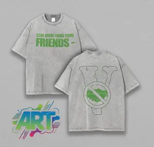 VLONE Heavyweight T-Shirt, Stay Away From Your Friends Graphic, Vintage Washed Cotton, Oversized Streetwear Fit, Bold Urban Hip Hop Aesthetic, Distressed Grunge Style, Limited Edition Graphic Tee for Hypebeasts