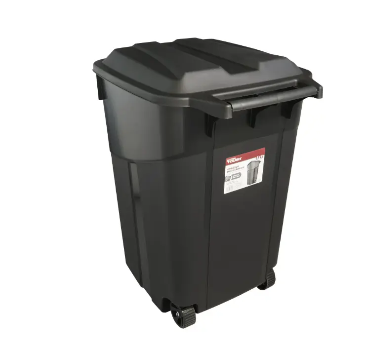 Hyper Tough 45 Gallon Wheeled Heavy Duty Plastic Garbage Can, Attached Lid, Black