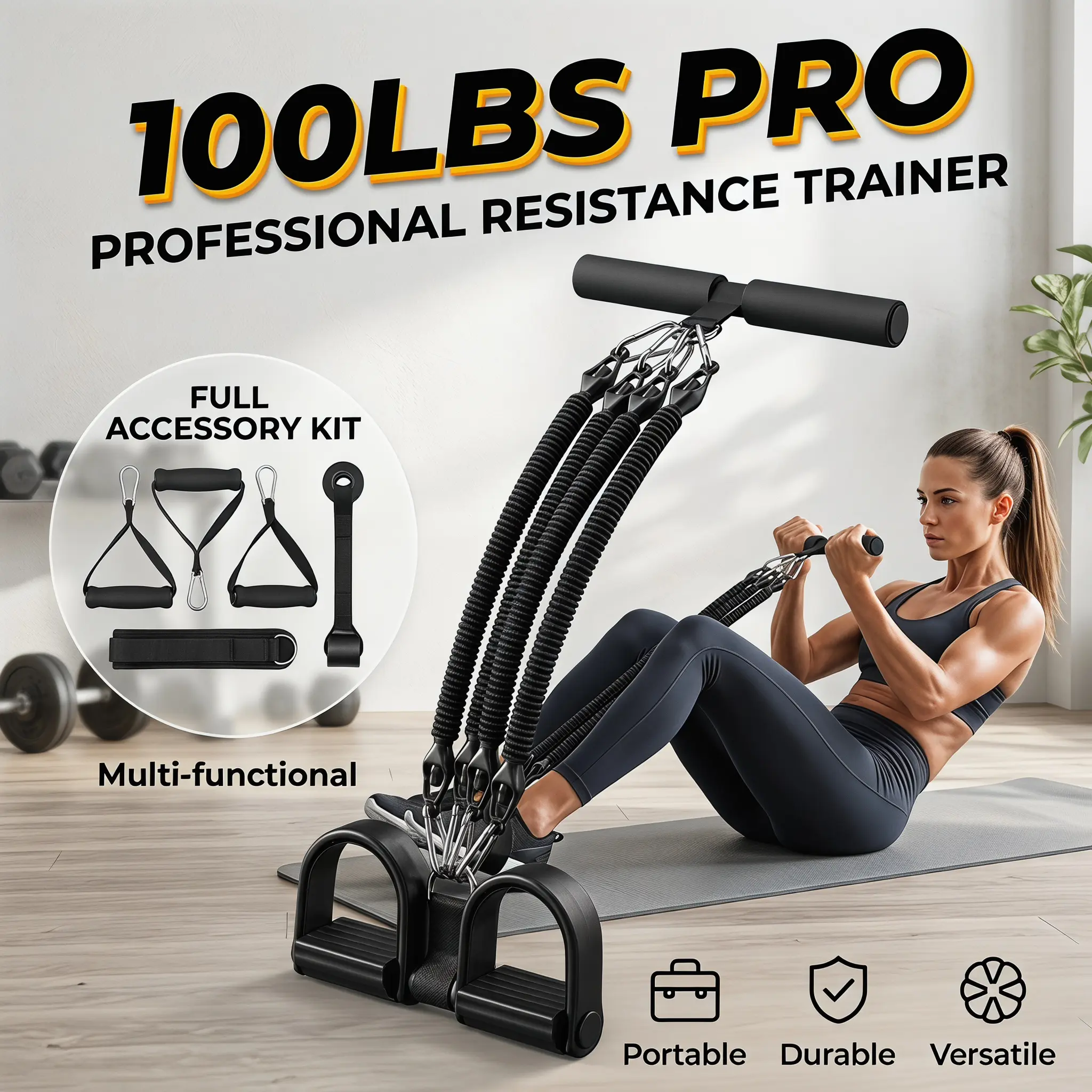 Resistance Bands Set 25-100 LBS Adjustable Pedal Bands with Door Anchor & Handles for Home Gym Strength Training Portable Workout Equipment