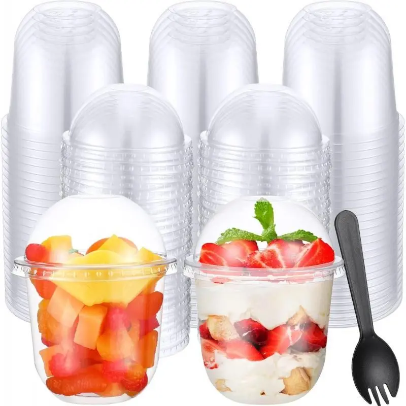 100 Pack 12oz Clear Plastic Cups with Lids & Sporks, Disposable Party Cups, Plastic Dessert Cups, Party Supplies for Weddings, Thanksgiving, Halloween & Christmas