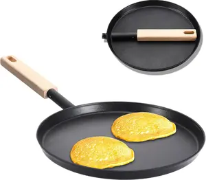 [New Deal] - Frying Pan Skillet 8-inch Flat Griddle Pan, Lightweight Small Grill Pan with Wooden Handle for Camping Indoor Outdoor Cooking