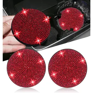 2pcs Bling Car Cup Holder Coasters (2.75in) - Anti-Slip, Shockproof, Universal Red Crystal Rhinestone Automotive Interior Accessories for Women, Cute Fun Whimsical Car Accessories, Car Accessories Women