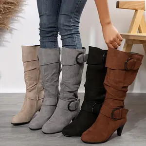 Women’s slouch knee-high boots, high-heeled boots with buckle strap and side zipper, comfortable suede-like long boots