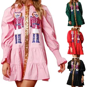 Women's Christmas Sequin Nutcracker Dress Holiday A-Line Long Sleeve Mini Shirt Dress Casual Xmas Flowy Elegant Garment for Girls Party