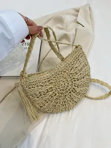 Women's Hollow Out Large Capacity Woven Grass Bag, Essential Beach Accessory for Vacation & Holidays, Fashionable Summer Straw Crossbody Shoulder Bag