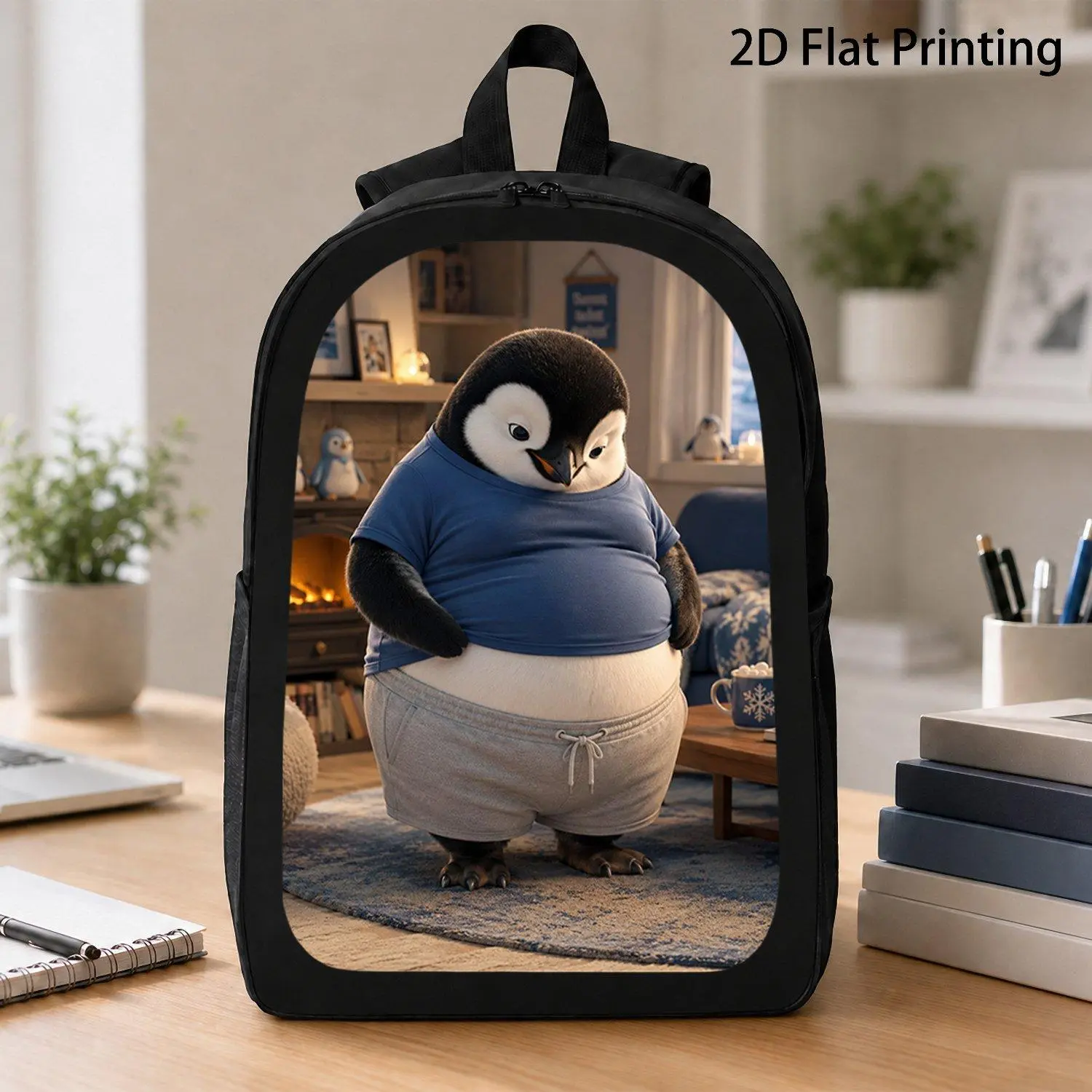 17 Inch Backpack Featuring Funny Chubby Penguin Wearing Blue Shirt Showing Big Belly Warm Living Room Scene Cute Wildlife Print Casual School Travel Laptop Bag