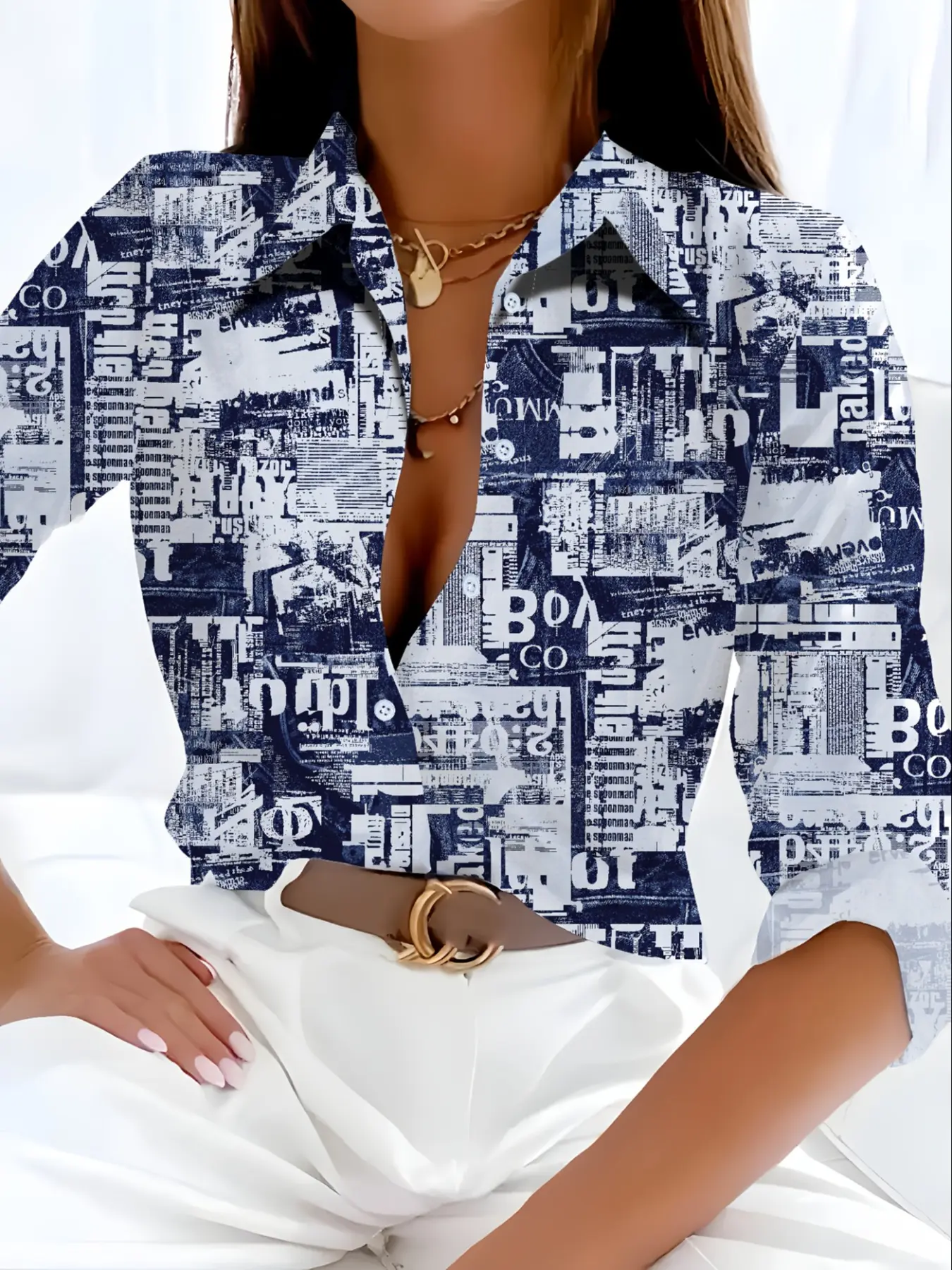 Trendy Casual Button Front Denim Patchwork Print Letter Shirt, Long Sleeve Flounce Collar Fitted Blouse, Fashionable Versatile Vacation Style Collared Top Womenswear