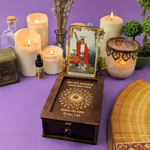 Tarot card holder and deck box with slide top wood stand wooden witchcraft decorative case Gift Organiser Antique