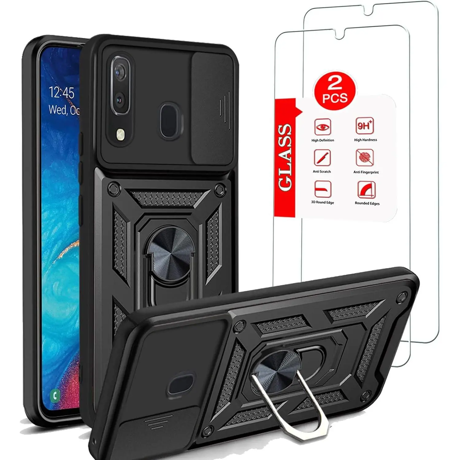 for Samsung Galaxy A20/Galaxy A30/Galaxy A50 Case ,Tempered Glass Screen Protector,with Lens Protects Magnetic Kickstand Car Mount Holder Case