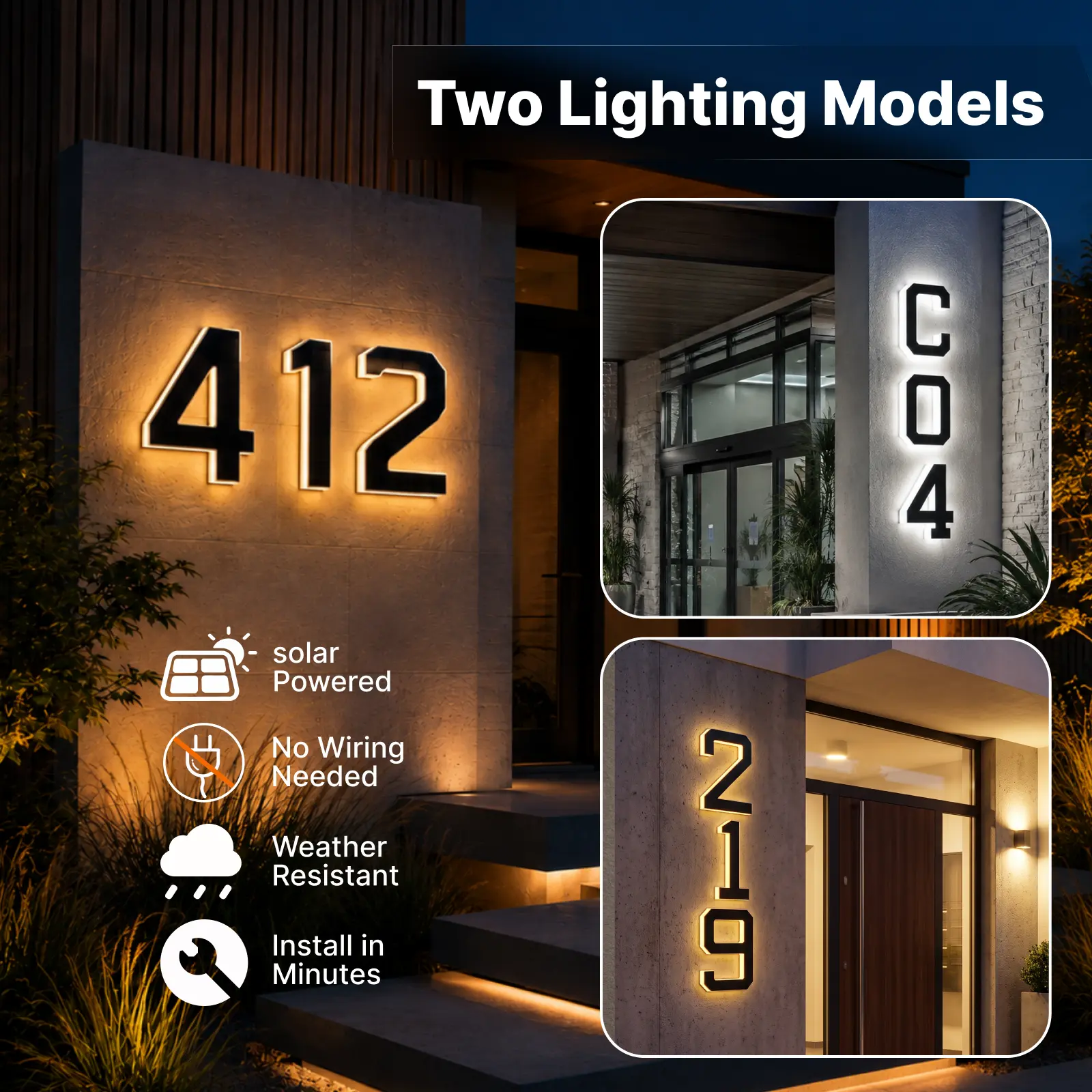 8 Inch Solar Lighted House Numbers for Outside, Solar-Powered IP67 Waterproof LED Address Numbers for Houses, 2000mAh Battery, Switchable Warm & Cool White Light, Dusk-to-Dawn Auto On/Off, Easy Installation, No Wiring