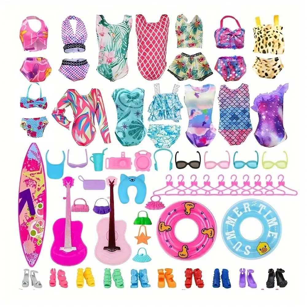40pcs Doll Clothing And Accessories Playset for 11.5in/30cm dolls With Bonus 10 Shoes, 2 Handbags - Includes Surfboard, Guitar, Glasses, Hangers, And Pool Float - Mixed Color, Suitable For Ages 3 And Up