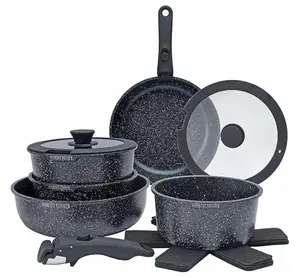 Country Kitchen 16 Piece Pots and Pans Set - Safe Nonstick Kitchen Cookware with Removable Handle, RV Cookware Set, Oven Safe. Black/Cream/Textured