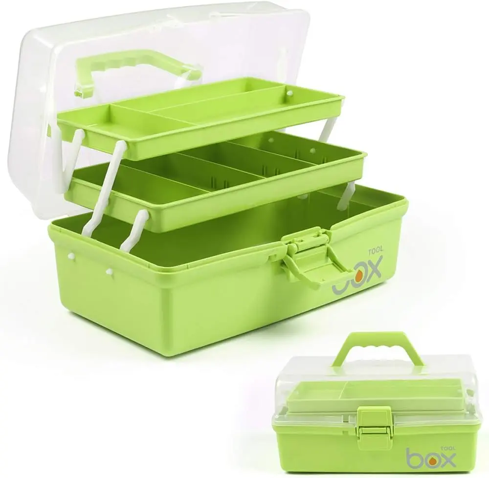 12in Three-Layer Multipurpose Storage Box Folding Tool Box/Art & Crafts Case/Sewing Supplies Organizer/ Box/Family  Box with 2 Trays (Green)