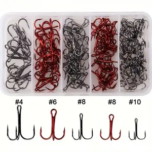Fishing Treble Hooks Kit, Carbon Steel Triple Hooks, 3 Claw Fishing Hooks Strong Sharp Round Bend for Lure Baits Saltwater Freshwater Fishing