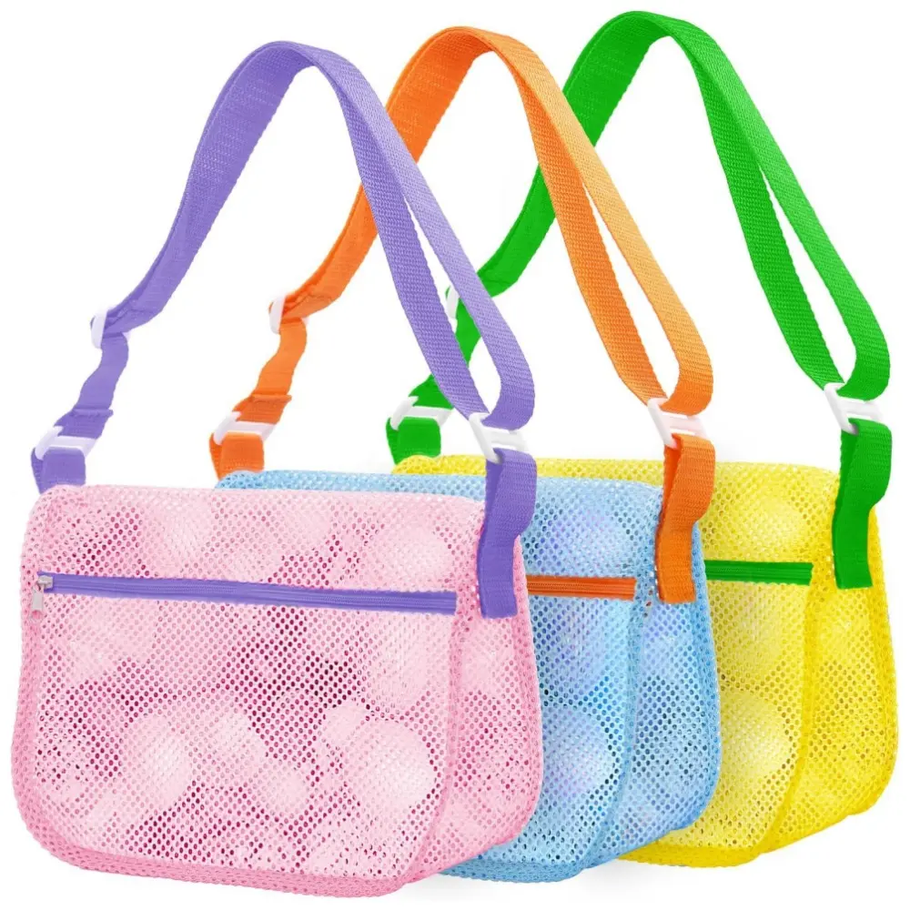 3 pack Mesh Beach Bags with Adjustable Straps Sandproof Mesh Beach Bags Travel Essentials for Cruise & Vacation Sea Shell Bags for Boys and Girls, Zip, 3 Colors