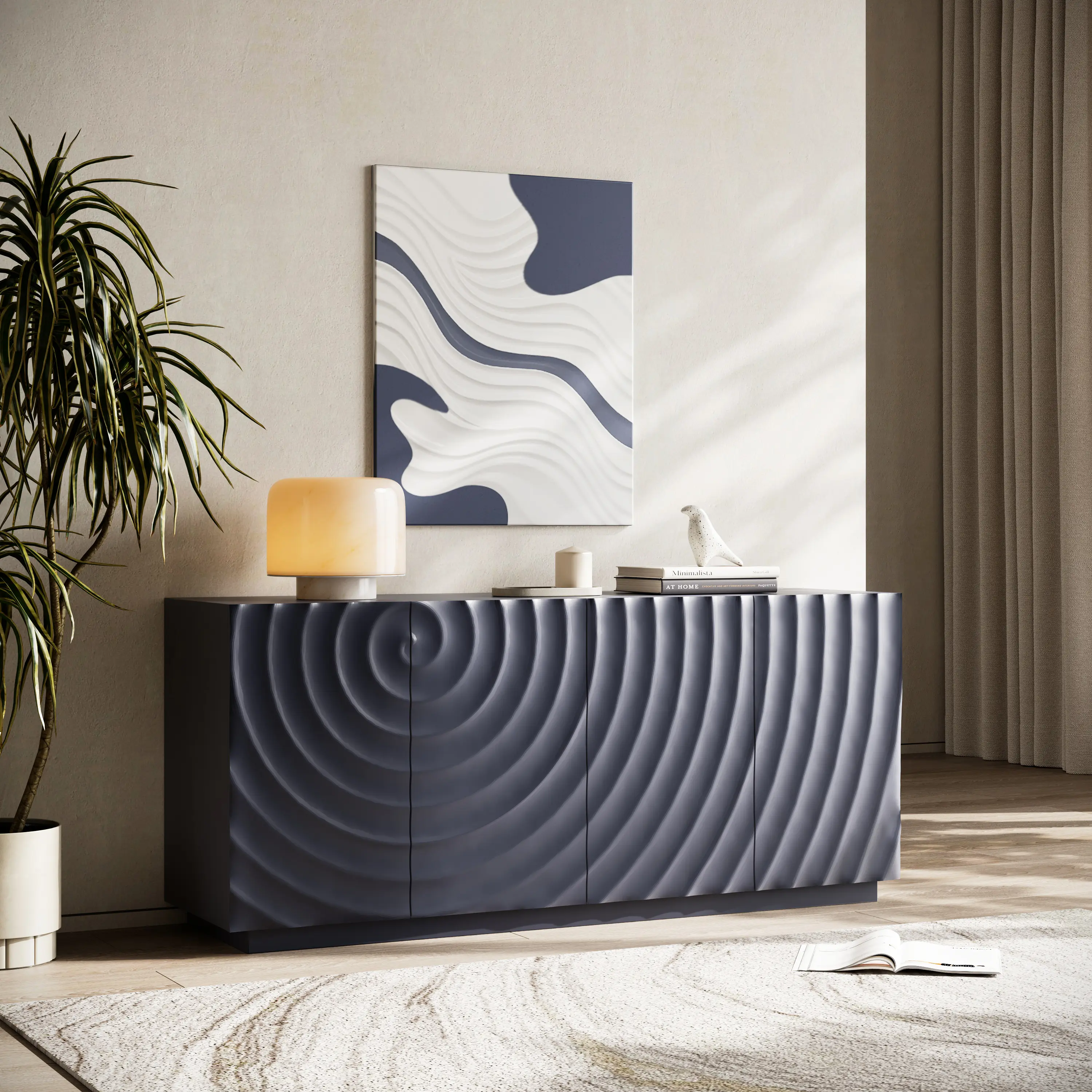 Modern Navy Blue Swirl Texture Sideboard - Modern Accent Cabinet, Stylish Storage Cabinet for Living Room Decor