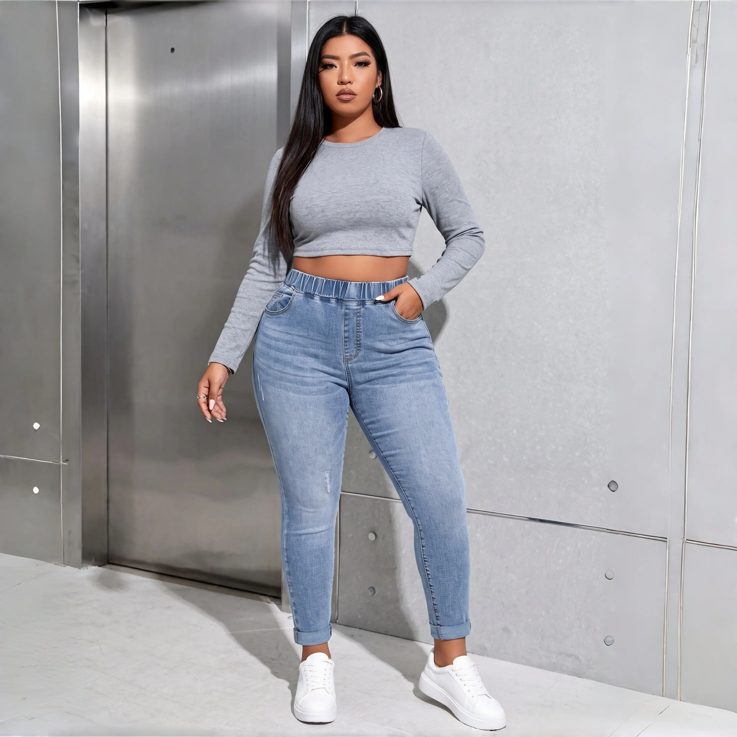 Plus Size Women Elastic Waist Light Wash Distressed Skinny Cropped Jeans Light Blue Denim Pants