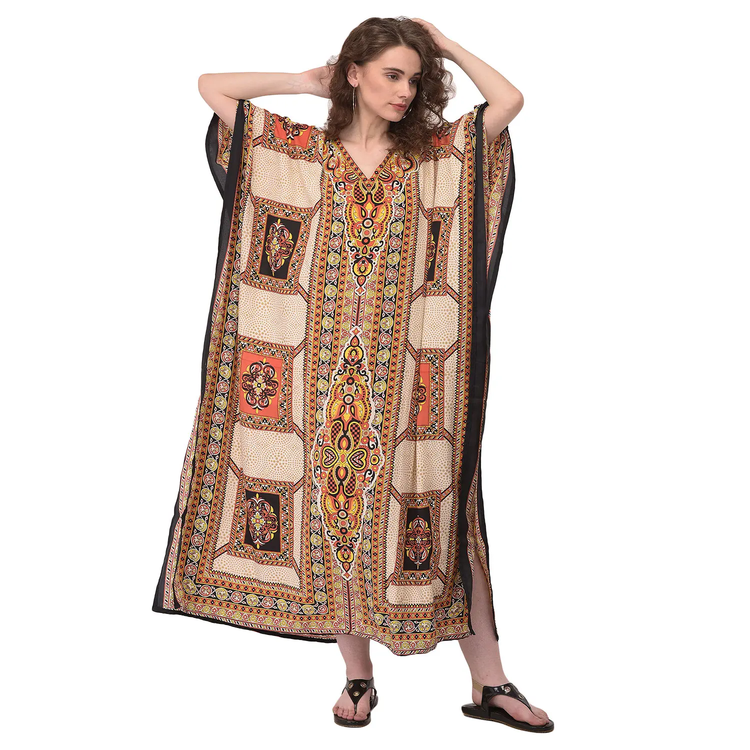 Gypsie Blu Beach Cover Up Kaftan for Women Beige Geometric Print Breathable Lightweight Kimono Sleeve V-Neck Luxury Caftan One Size Fits Most