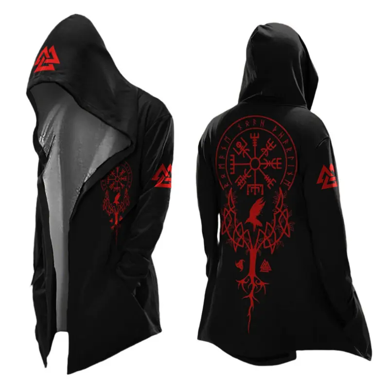 Men’s Viking Long Hooded Cloak, Norse Rune Vegvisir Print Open Front Hooded Jacket, Nordic Mythology Coat for Halloween & Daily Dark Aesthetic