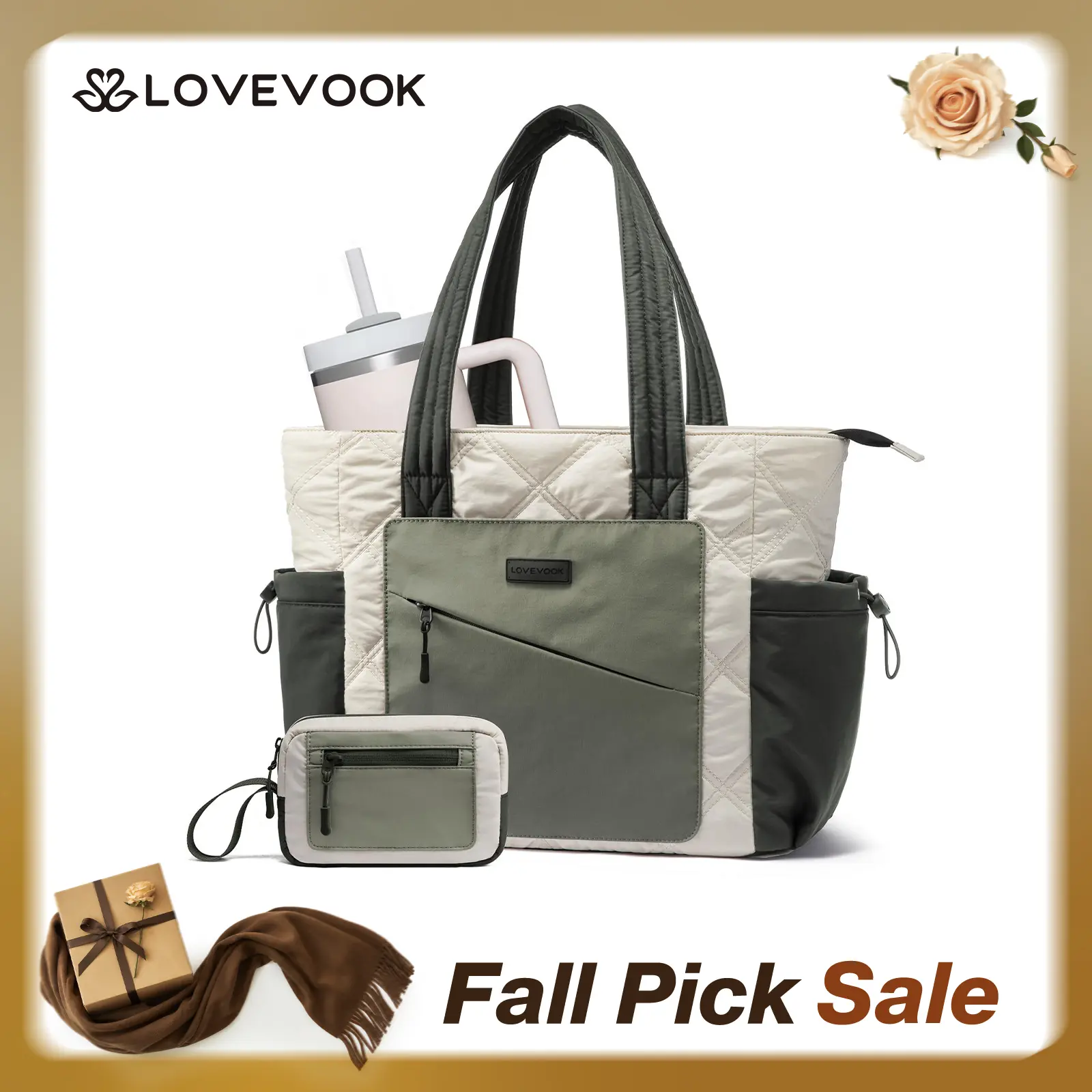 LOVEVOOK Laptop Tote Bag for Women, Large Quilted Puffer Tote bag with Four Cup Holders, Work and Travel Shoulder Bag, Lightweight Puffy bag, Nurse Handbag TikTokShopBackToSchool