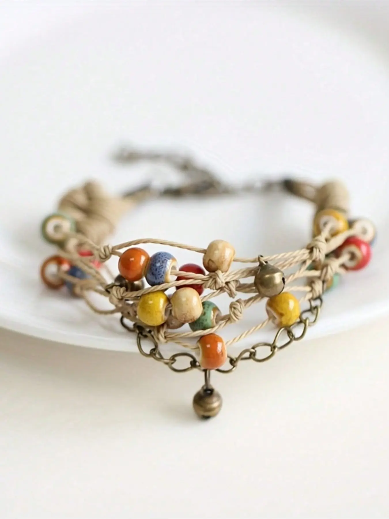 Boho Chic Multilayered Ceramic Bead Hemp Rope Bracelet, Daily & Party Wear, All-Season Accessory Beach Vacation Gift, Boho Style Bracelet, Fashionable Bracelet Style