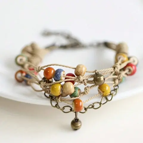 Boho Chic Multilayered Ceramic Bead Hemp Rope Bracelet, Daily & Party Wear, All-Season Accessory Beach Vacation Gift, Boho Style Bracelet, Fashionable Bracelet Style