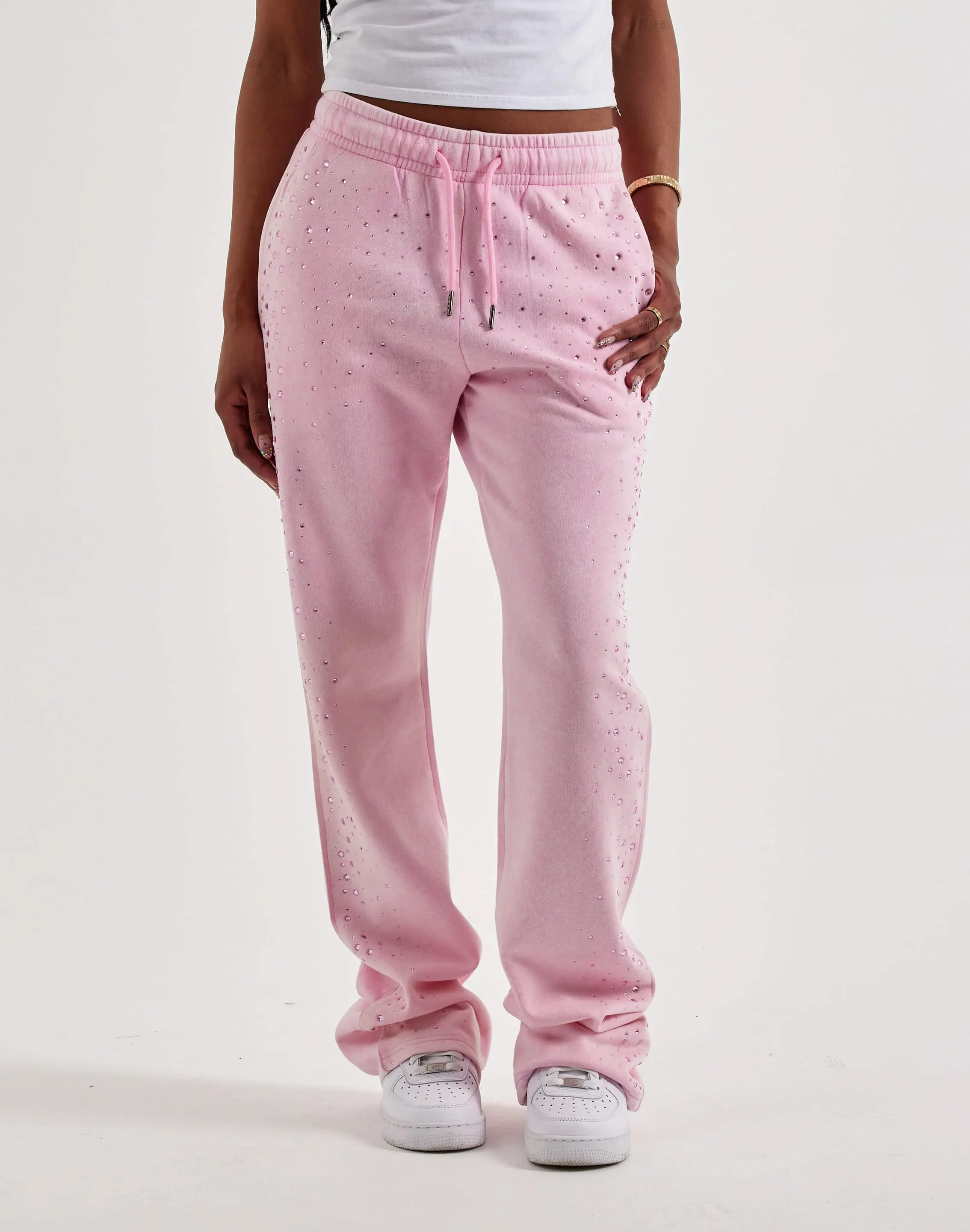 Womens Red Fox Rhinestone Washed Stacked Fleece Pants