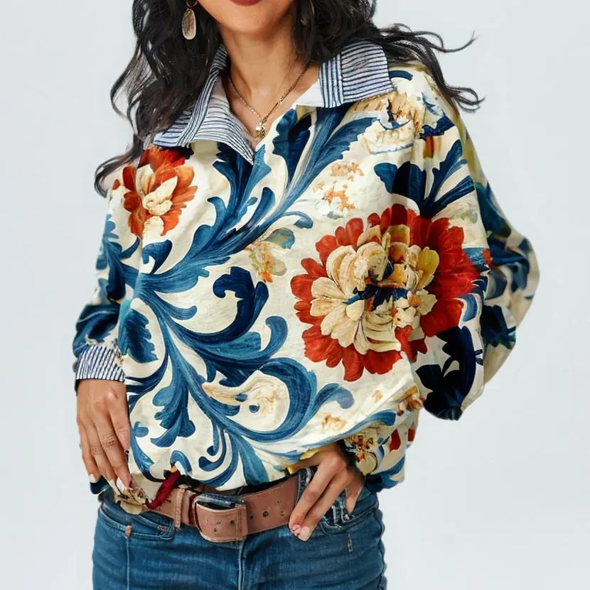 NEW JovieCrown Women's Vintage Floral Print Striped Collar Top Going Outfits Blouses 90s Tops Funny Shirts Women Elegant Classy Tops Blouse Classyoutfit Women
