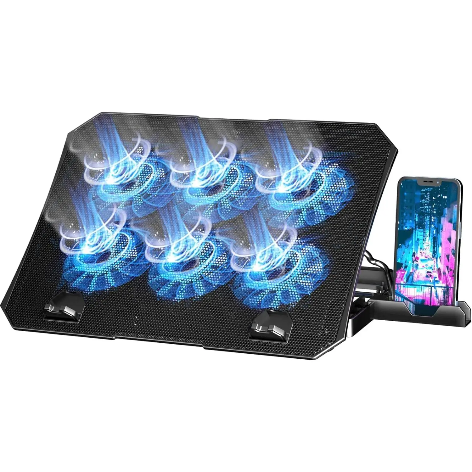 Portable Cooling Laptop Pad for 12-15.6in Computers - 6 Low Noise Fans, Blue-Light Function, 2 USB Ports, Metal Computer Peripherals, Gaming Accessory for Gamers/Workers Work & PC Gaming Setup (Blue)