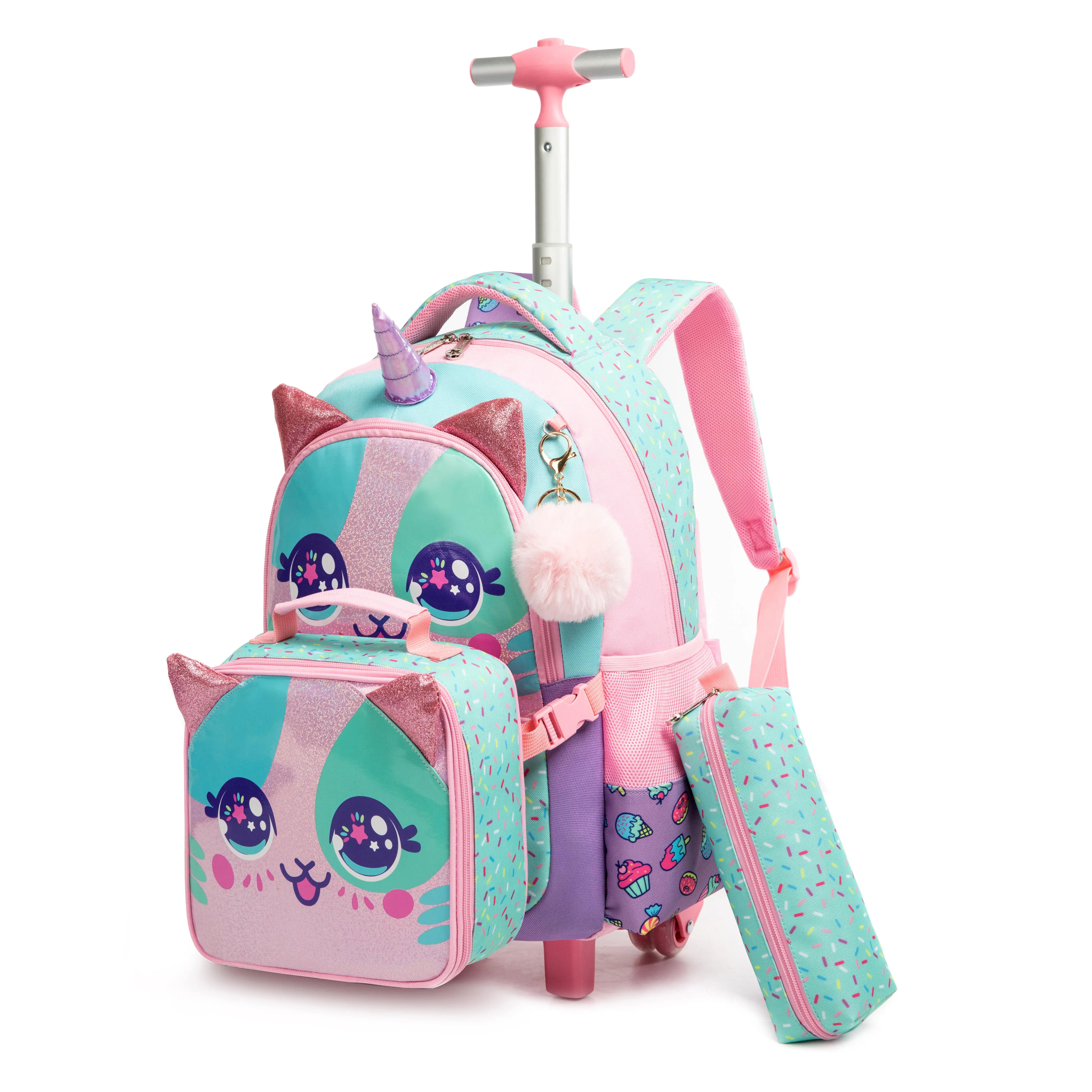 Cute Unicorn Cat Rolling Backpack Set for Girls | 3-in-1 Backpack + Lunch Bag + Pencil Pouch | Sweet Design | Back to School Essentials aesthetic bookbag