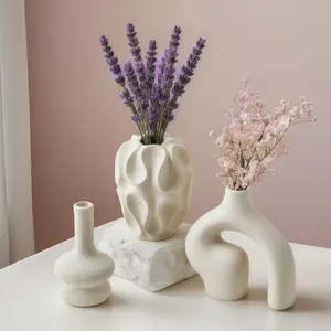 3-Piece Off- Ceramic Vase Set, Unique Stylish Design with Irregular Shapes & Narrow Openings, Decorative Flower Holders for Living Rooms