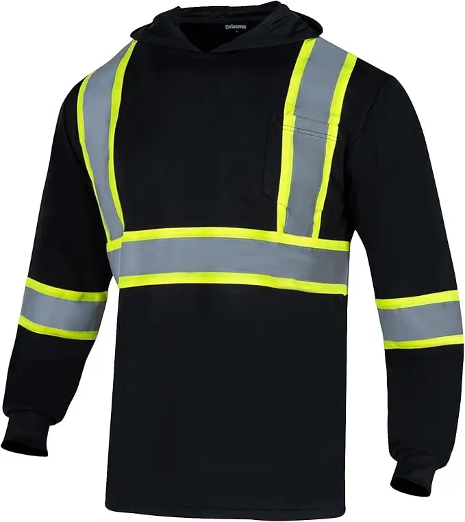 Safety BLACKHigh Visibility Safety Shirts for Men with Hood Reflective Long Sleeve Shirt ASIN Class 3 Hi Vis Construction T Shirt