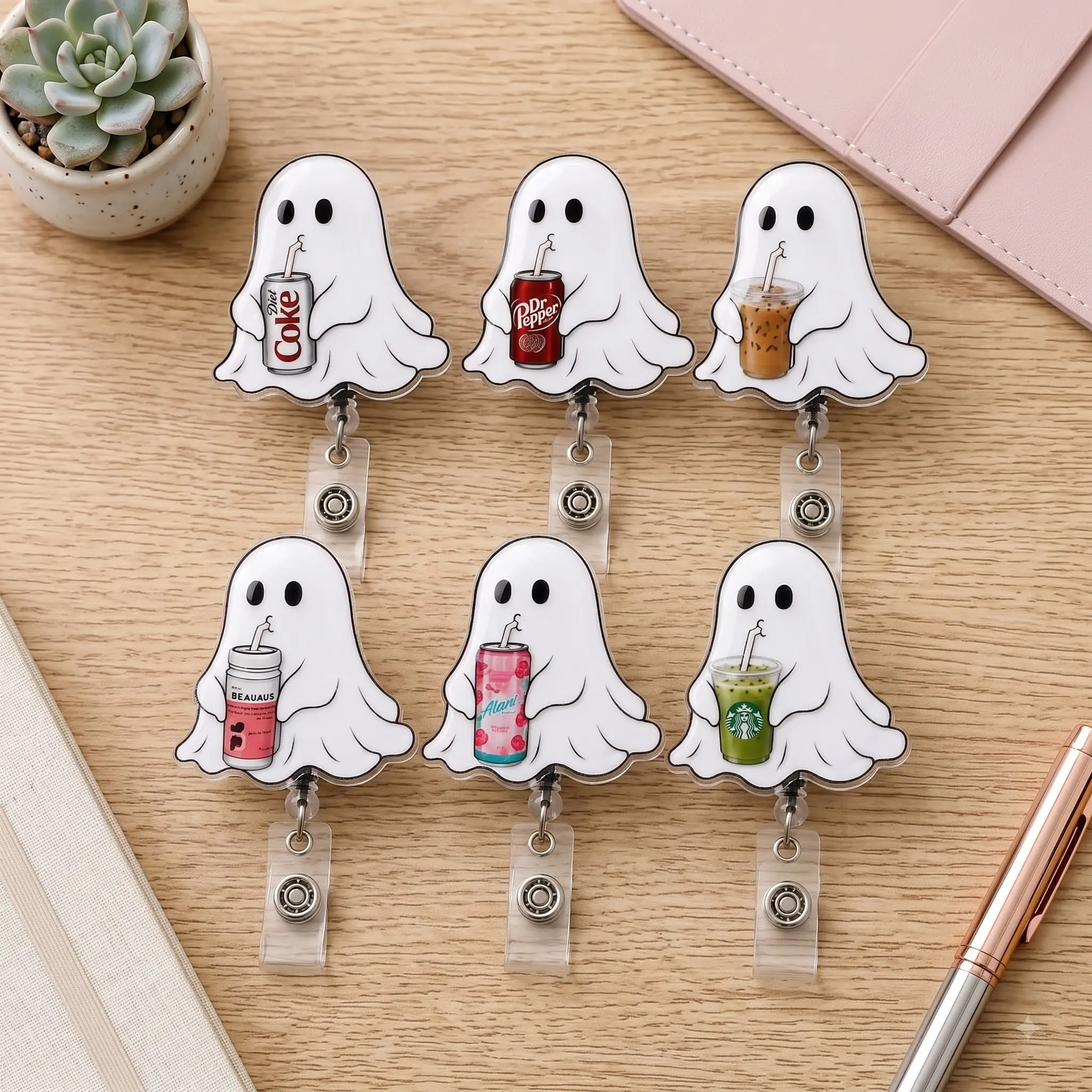 Cute Halloween Ghost Badge Reel, Funny Drink Lover ID Holder, Acrylic Retractable Badge Clip, Spooky Nurse Teacher Office Accessory