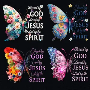 4Pcs Flower Butterfly Christian Print Iron on Transfers DIY Heat Transfer Stickers Diy Flower Decor for Tshirt Canvas Bags Pillows Apparel Accessories Crafts