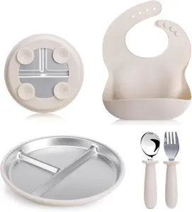 Stainless Steel Toddler Plate & Spoon Set with Silicone Bib – 9” Divided Kids Plate with Suction Base, BPA Free Non-Toxic Baby Feeding Set, Non-Slip, Dishwasher Safe, Unbreakable Baby Plates for Self Feeding