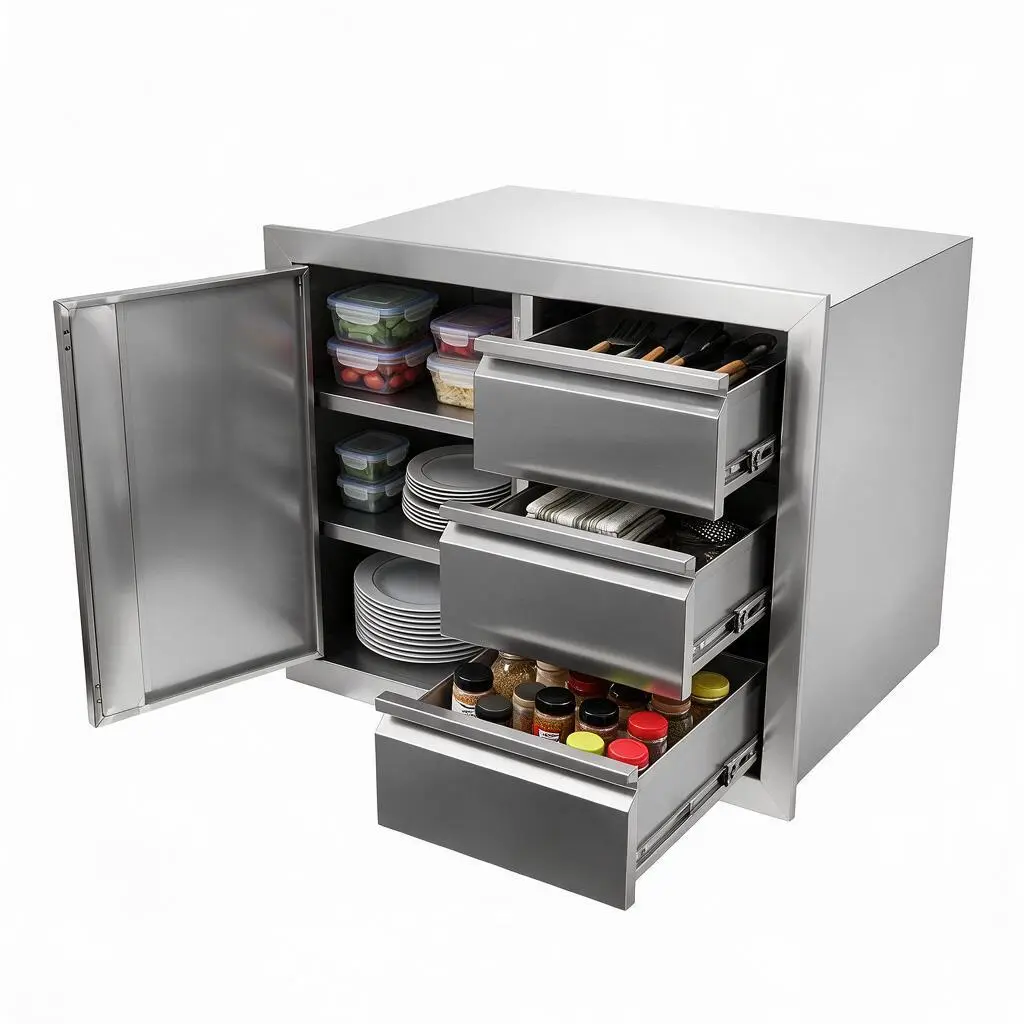 Outdoor Kitchen Drawer Combo Cabinet Stainless Steel Triple Drawers & Access Doors, 28" W x 22" H x 19.1" D, Built-in BBQ Island Cabinet for Outdoor Grill Station (Drawer and Left Door Combo) patio